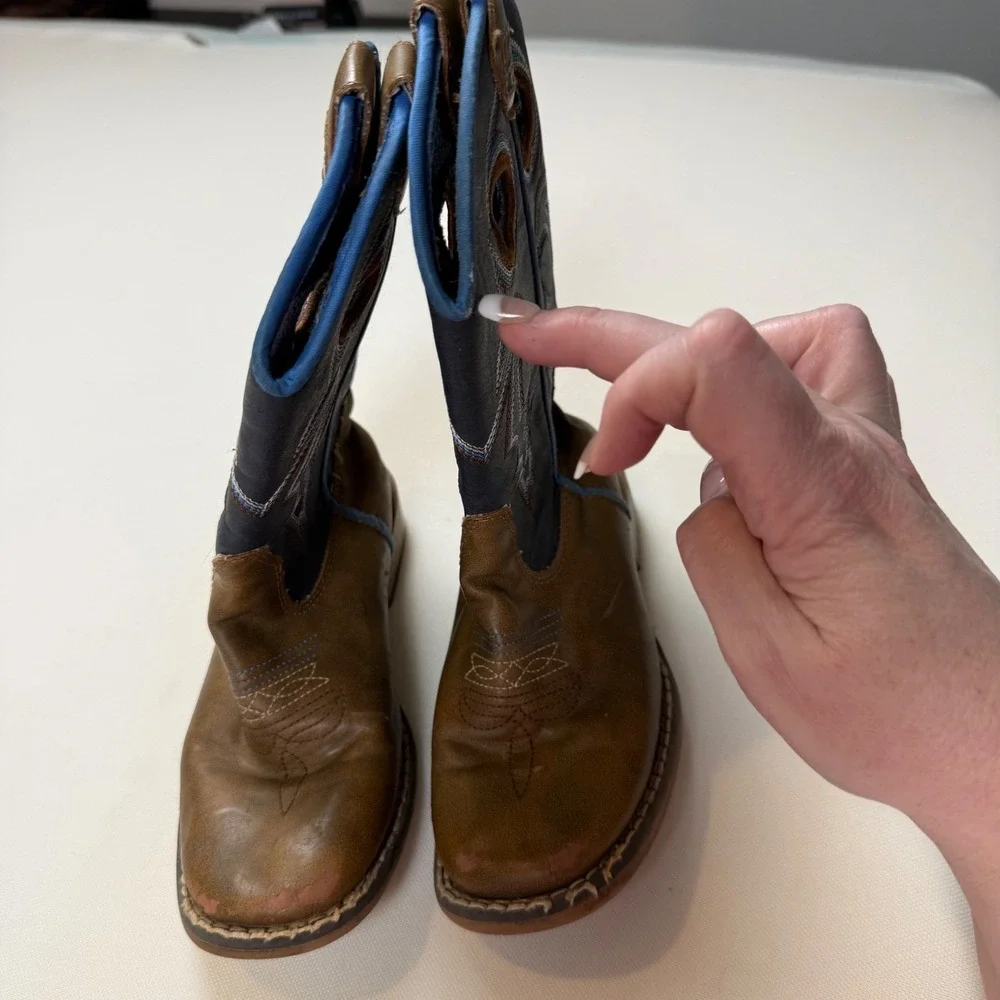 Twister Kids‎ Brown Navy Blue Western Cowboy Boots Size 12 Pull Holes Stitching